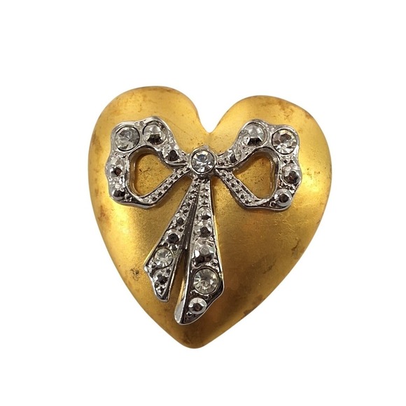 Unbranded Jewelry - Vintage Gold Puffed Heart Rhinestone Bow Brooch Pin 1.25"